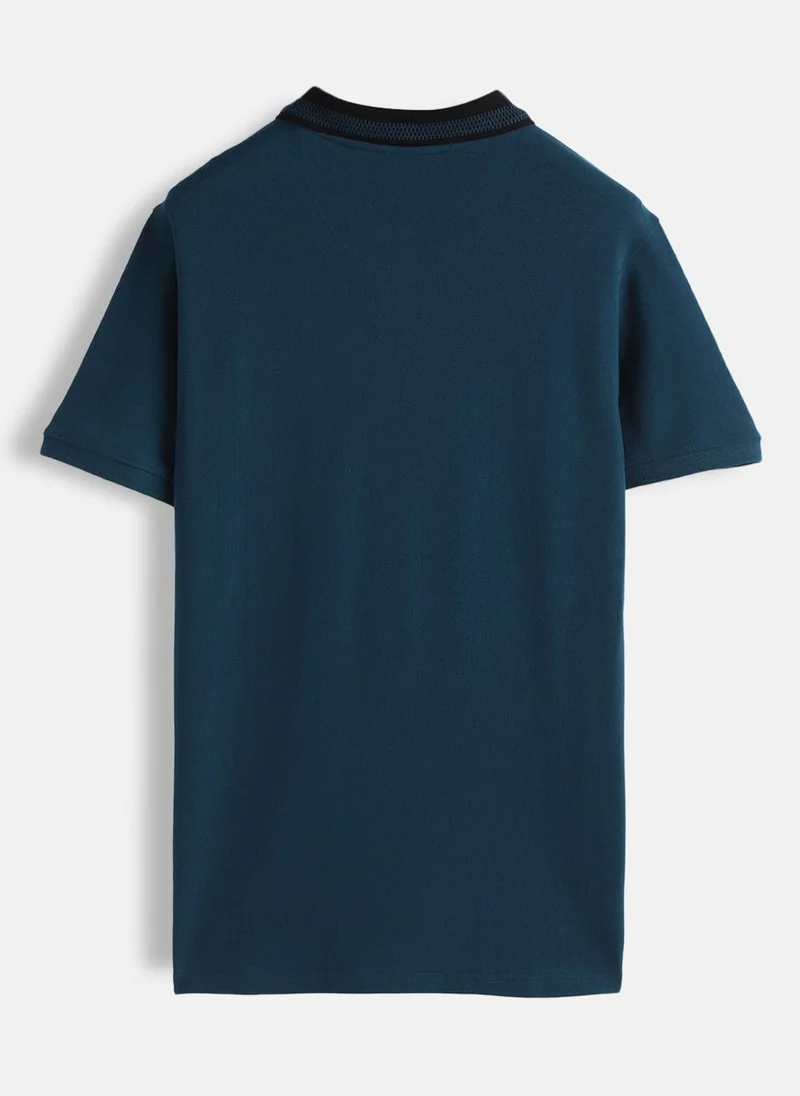 روجن Jacquard Collar Pique Polo T-Shirt | Teal